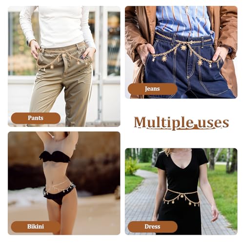 Gold Waist Chain, Sun Moon Star Waist Chain | Decorative Metal Belt for Women Jeans Pants Dresses - Fits Size 23-45 inch