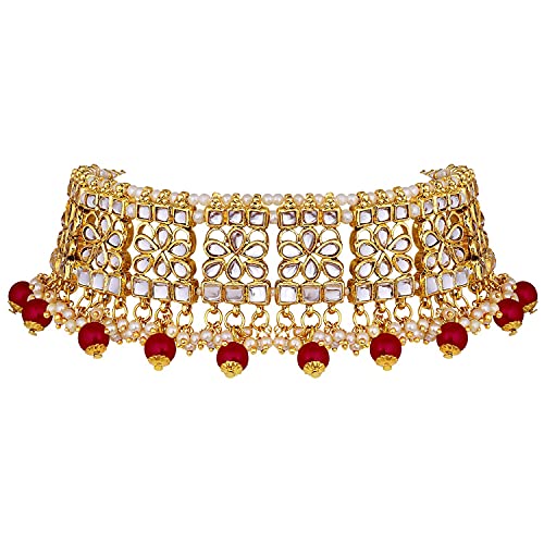 Aheli Elegant Indian Faux Kundan Studded Choker Necklace with Maang Tikka Set Ethnic Wedding Wear Bharatanatyam jewellery set Gift for Women - color: Maroon 2