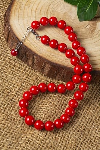 Red Hand Knotted Faux Pearl Jewelry Set for Women, Necklace Earrings | Glass Material, Gift, Party - style: 8MM 18inch Red