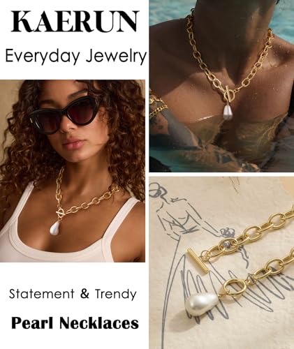 Chunky Gold Necklace for Women Trendy Non Tarnish 14K Gold Plated Paperclip Chain Charm Necklaces Chunky Heart Cross Clover Pearl Pendant Necklace with Toggle Clasp Statement Jewelry Gift for Women - color: B-Pearl