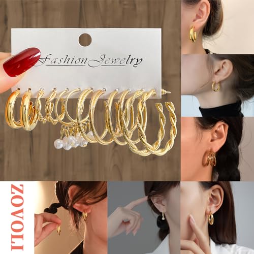 57 Pcs Gold Jewelry Set for Women,12 Pair Hoop Earrings,18 Pair Round Stud Earrings,21 Pcs Stackable Knuckle Rings,6 Pcs MultiLayer Pendant Necklaces,Fashion Accessories for women Gifts - style: Style 2