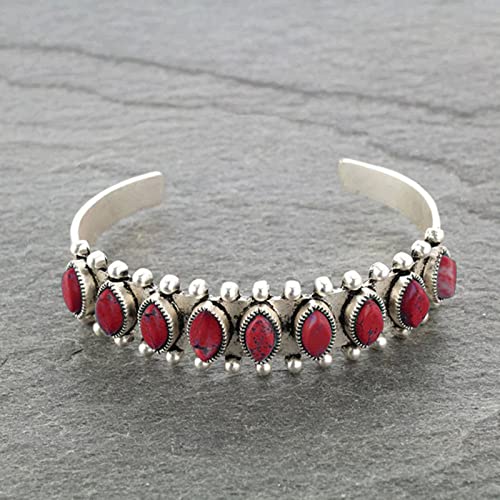 COLORFUL BLING Bohemian Turquoise Engraved Cuff Bracelet Natural Stone Adjustable Wrap Bangle Western Style Gemstone Boho Jewelry for Women - color: Red