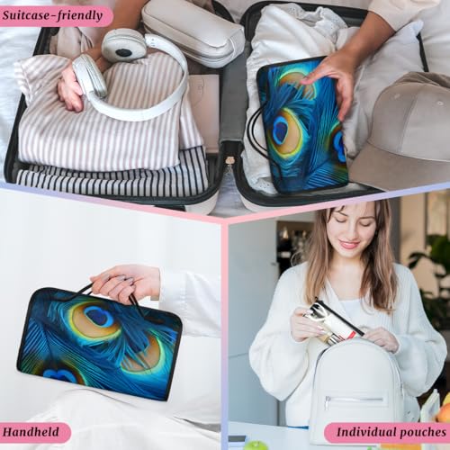 Blue Peacock Feathers Hanging Roll Up Cosmetic Bag with 4 Removable Storage Bags Waterproof Foldable Toiletry Kit for Women - color: Multicolor 5