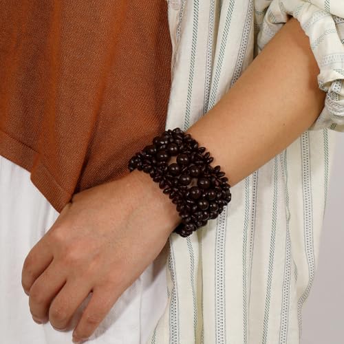 Bohemian Multicolor Natural Wooden Beads Woven Stretch Bracelets Retro Thick Coconut Shell Wood Beaded Elastic Wristband Bracelet Wide Chunky Ethnic Bangles for Women Holiday Jewelry Gifts - style: StyleH