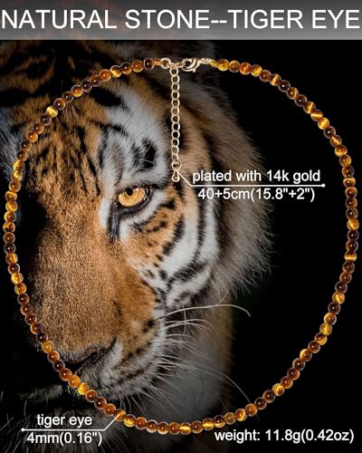 Simple 4mm Gemstones and Crystals Choker Necklace Unisex 16"-18" | Necklaces for Women Men, Adjustable, 40-45 cm Chain Length, Handmade, Spiritual Gemstones, Positive Energy, Daily Wear - style: Tiger's eye