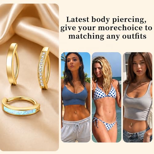 Clicker Belly Button Ring Hoop Belly Button Ring 14G Navel Ring | Surgical stainless steel hinged belly button ring for belly button piercing, navel body jewelry for women and men - color: 3 Gold