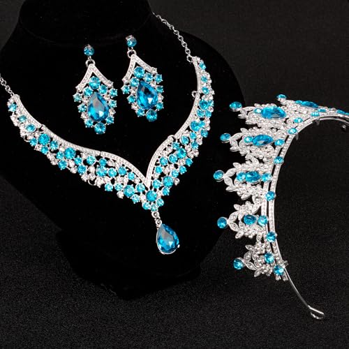 Crowns and Tiaras jewelry sets for Wedding princess birthday party Halloween Prom Pageant Jewelry for Women Crystal Bridal Jewelry Set for women - color: Silver lack bule