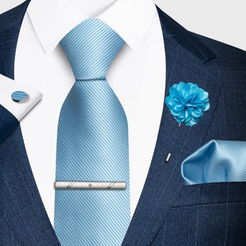 joy alice 30 Colors Solid Ties for Man Pure Color Men's Tie Set with Lapel Pin Pocket Square Tie Clip - color: Baby Blue