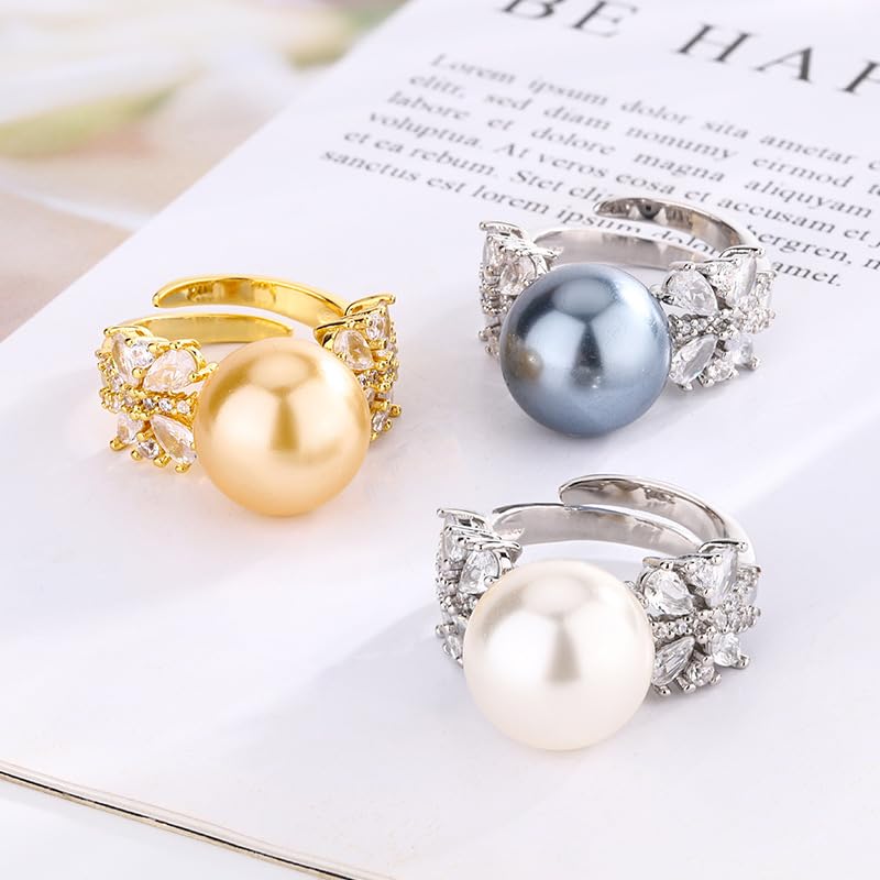 Double Side Butterfly Crystal Bezel Faux Pearl Open Ring, White Gray Gold Two Tone Silver Gold Luxury Evening Cocktail Ring for Women (white)