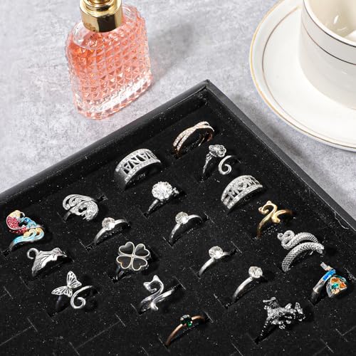 3 Pcs Stackable Ring Tray Set for Drawer, 100 Slots Velvet Jewelry Organizer Dish, Black Wooden Ring Display Case for Retail Store, Flea Market, Home Vanity (13.8 x 9.4 x 1.2 inches)