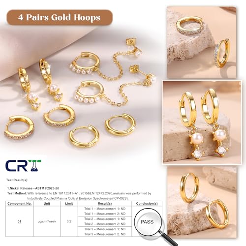4 Pairs Small Hoop Earrings for Women 14K Gold Plated | Trendy Chain Drop Earrings Set, Hypoallergenic CZ Huggie Hoops, Lightweight Cartilage Earring Stacks - color: 14K Gold Plated-pearl hoop