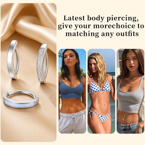 Clicker Belly Button Ring Hoop Belly Button Ring 14G Navel Ring | Surgical stainless steel hinged belly button ring for belly button piercing, navel body jewelry for women and men - color: 3 Silver