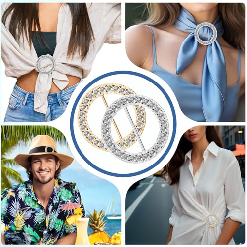 4 PCS Scarf Ring, Rhinestones Scarf Clip Shirt Ties Clips for Women Portable Waist Cinch Buckle Waist Tightener Clip Clothing Accessories for Shawl, Sweater, Dress, Pant (Gold, Silver)