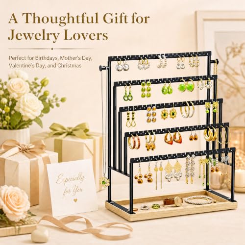 Large 5 Tier Earring Organizer and Holder, Black | 100+ pair earring storage, jewelry holder stand, clean white finish, ideal for bright bedrooms and modern vanities - color: Black