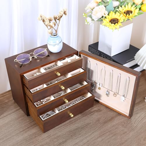 Kendal Wooden Jewelry Box for Women, Wooden Jewelry Organizer, 4-Layer Jewelry Organizer Box with Side Door, Single Door Jewelry Holder Organizer for Earrings, Necklaces, Rings