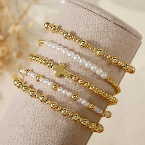 14K Gold Plated Beaded Bracelets Stack Set for Women,Stretch Boho Ball Jewelry Friendship Trendy - color: Cross