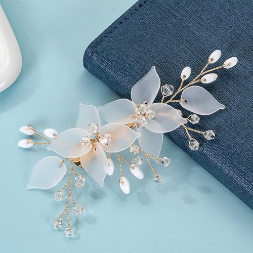 Wedding Hair Clips, Crystal Hair Pins Pearl Rhinestone Hair Barrettes, Bridal Flower Hair Pieces Pearl Headpieces Hair Accessories for Women Girls (White) - color: White