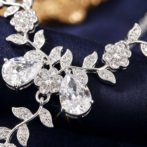 Kamirola Women's Wedding Jewelry Leaf Cluster Flower Crystal Dangle Earrings Pendant Necklace Set for BridalCrystal Bridal Jewelry Set - color: Silver