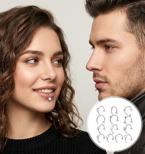 13 Pcs Fake Lip Rings, Stainless Steel Fake Lip Piercings, Non-Piercing | Faux Septum Hoops for Women Men, Halloween Jewelry