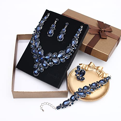 Women's Wedding Bridal Austrian Crystal Glass Teardrop Statement Necklace Dangle Earrings Bracelet Ring Wedding Party Jewelry Set for Bridal Bridesmaid - color: Blue-Platinum Plated