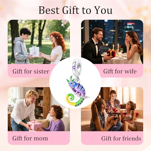 S925 Sterling Silver Cute Bead Charm for Pandora Bracelets and Necklaces | Lucky Clover Cute Animal Pink Bow Cherry Butterfly Pendant Bead Charms Jewelry Making Gifts for Women Valentines Mother's Day - style: Forest Chameleon Dangle Charm