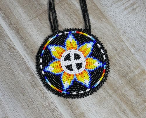 Handmade Native American Style Tribal ethnic Seed Bead Beaded Layered Medallion Necklace - color: Sunburst - Black