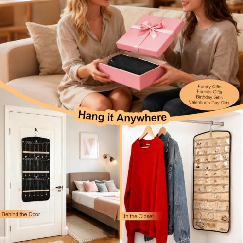 Hanging Jewelry Organizer Storage Roll with 39 Clear Pockets Double-Sided Foldable, Necklace Organizer Tangle Free, Travel Jewelry Holder for Earrings, Rings, Bracelets, Hanging on Closet, Wall, Door - size: Large