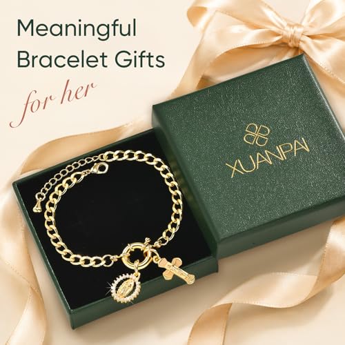 XUANPAI Virgin Mary Cross Bracelet for Women,14K Gold Plated Chain Bracelet,Virgen de Guadalupe Catholic Link Bracelet with Crucifix Charm, No Tarnish Religious Jewelry Gift for Baptism Confirmation - color: Gold-Cuban Link Chain