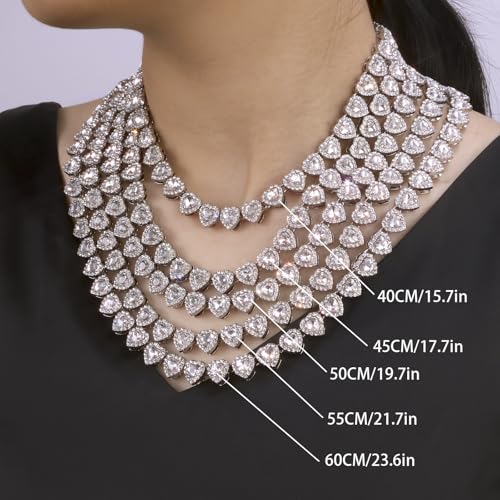 fasone Rhinestone Hearts Necklace, Iced Out Hearts Jewelry,Silver Tennis Necklace For Women,Tennis Necklaces For Women, Heart Tennis Necklace - color: White Set_15.7inch/7inch