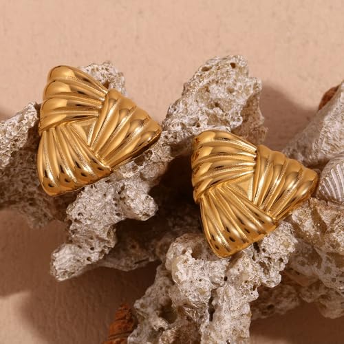 Geometric Ribbon Stud Earrings for Women, 14K Gold Plated Stainless Steel Hypoallergenic Chunky Statement Geometric Dangle Drop Earrings, Striped Stud Earrings - color: Gold