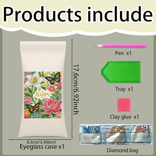 Diamond Art Painting Eye Glass Bag PU Sunglasses Glasses Storage Bag Built-in Glasses Cloth Press Automatic Closure - color: Butterfly Flowers