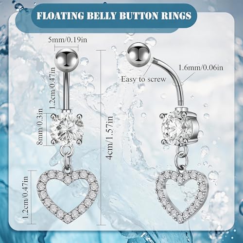 MEDOJO 7Pcs Belly Button Ring Pink Surgical Stainless Steel Belly Ring Bow Butterfly Heart Flower Navel Ring Belly Piercing for Women - color: Silver