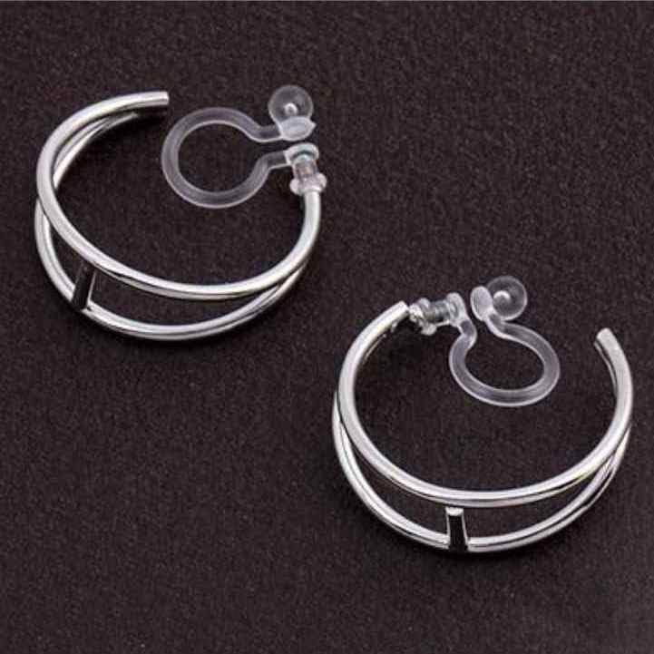 Hoop Invisible Clip On Earrings for Women Not Pierced Gold Small Twisted Hoop Comfortable Silver Large Clip On Earrings - color: Double Hoop Silver