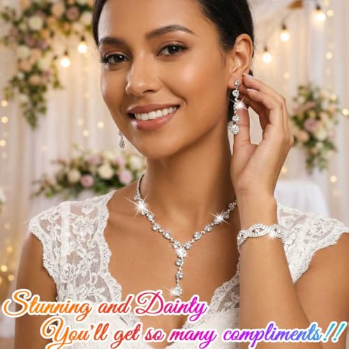 Silver Wedding Jewelry Sets Rhinestone Necklace Earrings Bracelet Set Prom Formal Costume Jewelry for Women and Brides - color: Silver