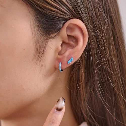 3 Pairs Mini Hoop Earrings Set Turquoise Cubic Zirconia Huggie Hoop Cartilage Earring Ear Cuff for Women (Turquoise/CZ) - color: *Turquoise-G