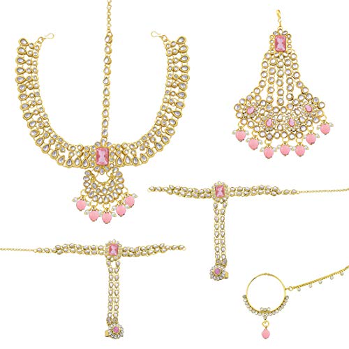 Aheli Traditional Wedding Indian Bharatanatyam jewellery set Long Choker Necklace Earrings Maang Tikka Nath Paasa Hath Phool for Women - color: Pink