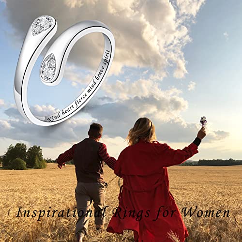 Fookduoduo 925 Sterling Silver Ring Inspirational Jewelry adjustable Wrap Open Rings for Women - style: Kind Heart Fierce Mind Brave Spirit,style 2