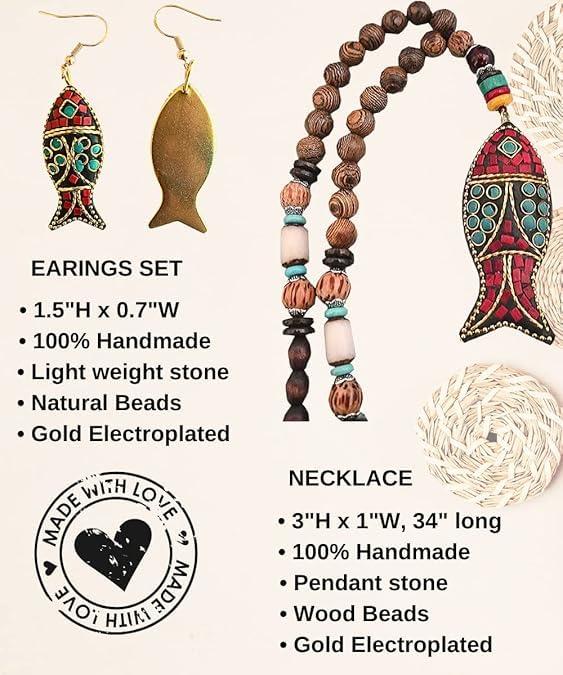 Bohemian Beaded Necklace for Women Long Boho Pendant Wood Mala Beads Wooden Strand Tassel Stone Bohemian Necklaces for Women Jewelry - style: Good Luck Fish