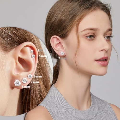 Jiamiaoi Stud Earrings Screw Back Sterling Silver Cubic Zirconia Stud Earrings Set 4 Millimeters-8 Millimeters Nickle Free Hypoallergenic Earring Studs - color: A-Round Cut White, size: 8mm