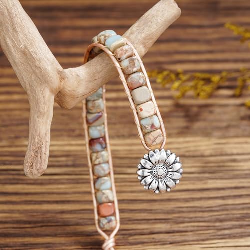 Plumiss Women Boho Handmade Natural Stone Crystal Leather Bead Wrap Bracelets Collection - style: Agalmatolite 1W