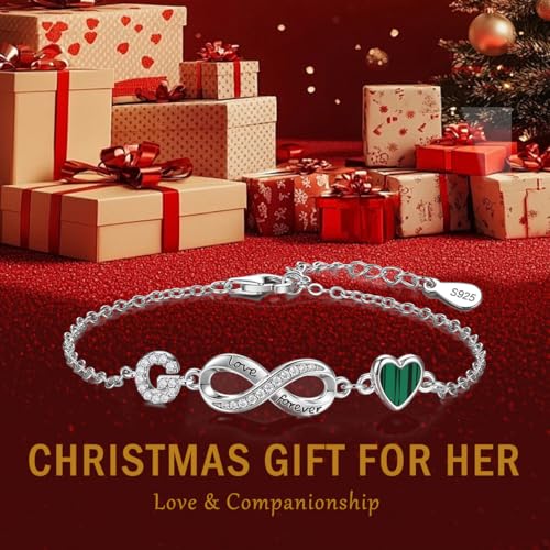 925 Sterling Silver Adjustable Letter Bracelets Infinity Heart Emerald Charm Link Bracelet ,Personalized Charm Alphabet Jewelry Valentines Christmas Mother’s Day Birthday Gifts - color: G