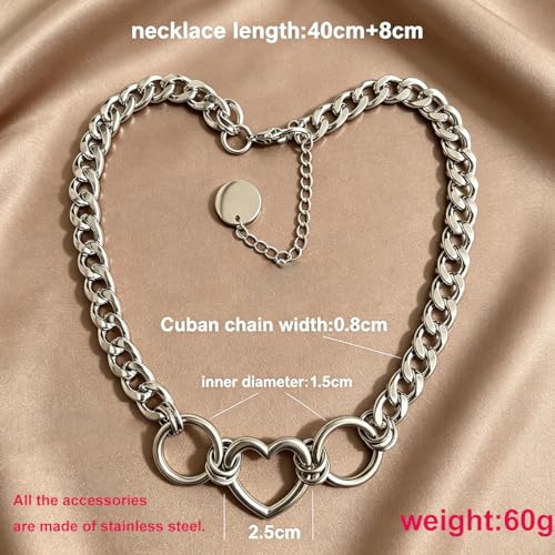 Punk O-Ring Choker Necklace for Women Men Non tarnish Chunky Stainless Steel Cuban Link Chain Collar Necklace Adjustable Goth Statement Jewelry Accessories - color: silver Heart ring