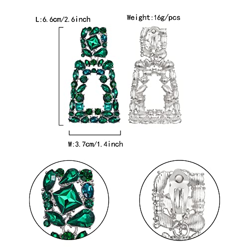 Flyonce Rectangle Clip-on Drop Earrings for Women, Sparkly Rhinestone Crystal Geometric Statement Non Pierced Earring Wedding Prom Party Jewelry for Brides Bridesmaid - color: Green Silver-Tone