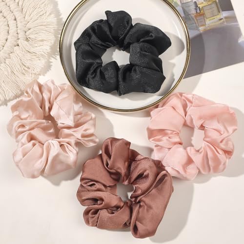 Hair Scrunchies for Women - Hair Ties No Damage Both for Thick Hair or Thin Hair Curl Hair No Crease Scrunchies Ponytail Holder No Hurt Your Hair - color: Black Brown Pink Light Pink