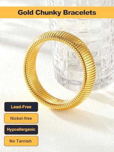 U7 Stretch Bracelets for Women Stainless Steel 18K Gold Plated Bangle Bracelets,Non Tarnish Link Bracelets,10mm,16mm,20mm - color: 01.Gold-20mm