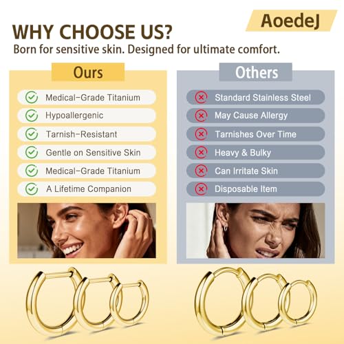 AOEDEJ G23 Titanium Black/Steel Gray/Gold Hoop Earrings 18G Small Huggie Hoop Earrings 8mm/10mm/12mm Cartilage for Sensitive Ears for Multiple Piercing Cartilage Hoop Earring Stack Jewelry - style: Circle-GD-8mm+10mm+12mm
