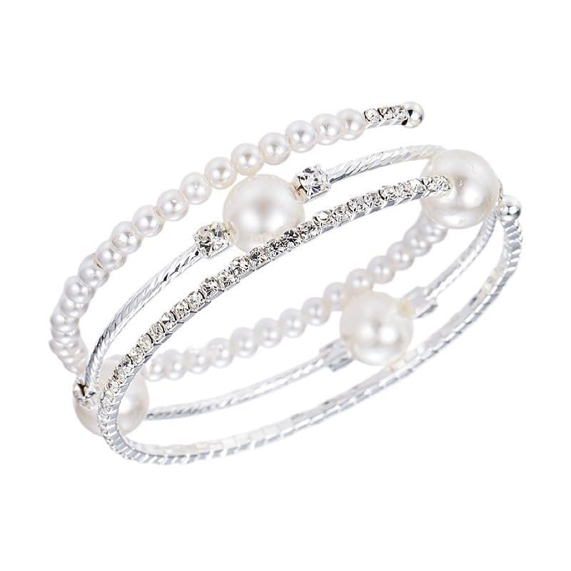 Imitition Pearl Stretch Bracelet Layers Stackable Bangle Bracelet Crystals Pearl Elastic Wristband for Women Wedding Jewelry - color: Sytle 9 Silver