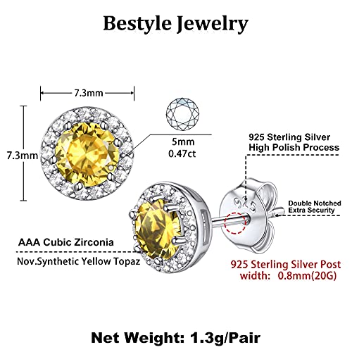 Bestyle Sparkling 925 Sterling Silver Birthstone Stud Earrings for Women, Heart/Round/Teardrop/Square Solitaire Diamond Studs Earrings, Great Birthday/Christmas Gifts - style: 11. Yellow Topaz-Nov.-round