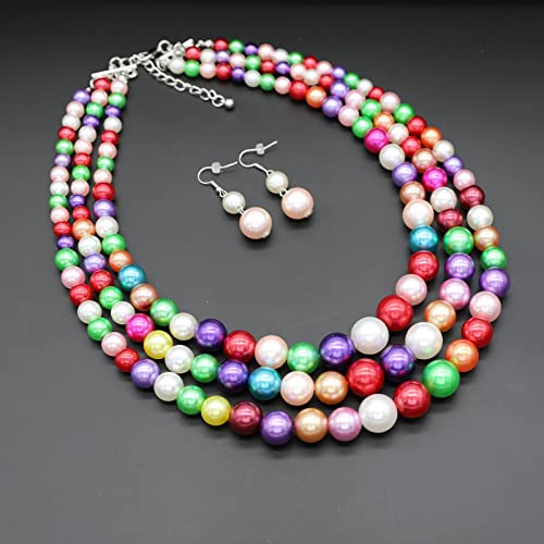 Chunky Layered Imitation Pearl Necklace for Women 3 strand Pearl Necklaces Faux Pearl Necklace Earrings Set 1920s Flapper Gatsby Costume Accessories - color: 3 strand pearl necklace colorful