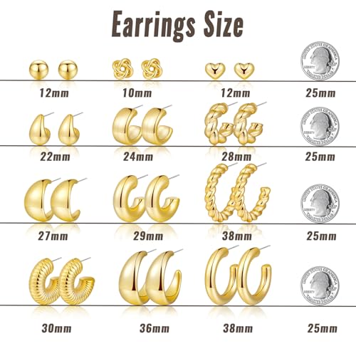 12 Pairs Chunky Gold Hoop Earrings for Women Trendy, Gold Plated Lightweight Hypoallergenic Stack, Thick Open Twisted Huggie Hoops Earring Set - color: 12 Pairs Gold Chunky